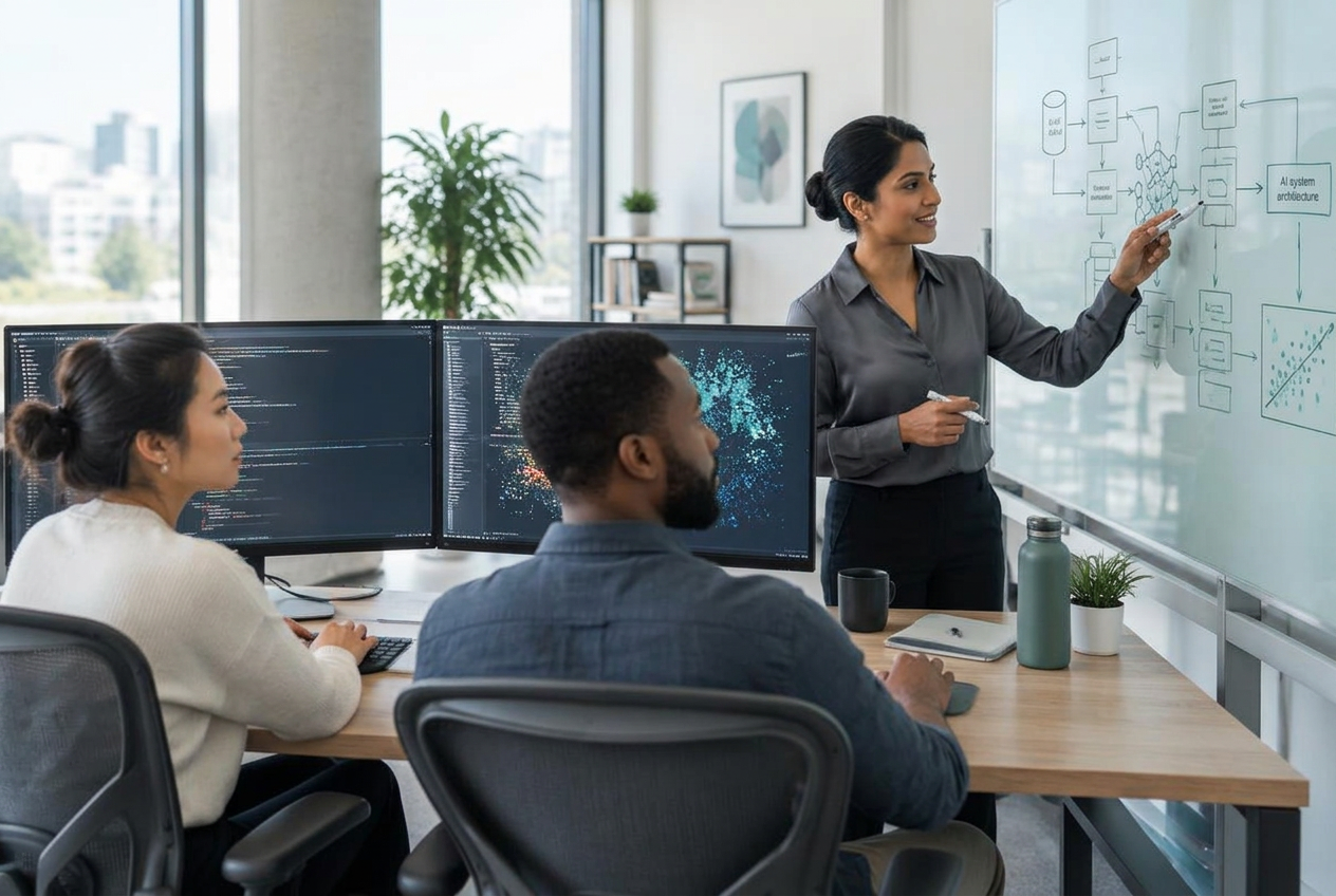 Engineering lead and colleagues collaborating on shared AI workflow architecture