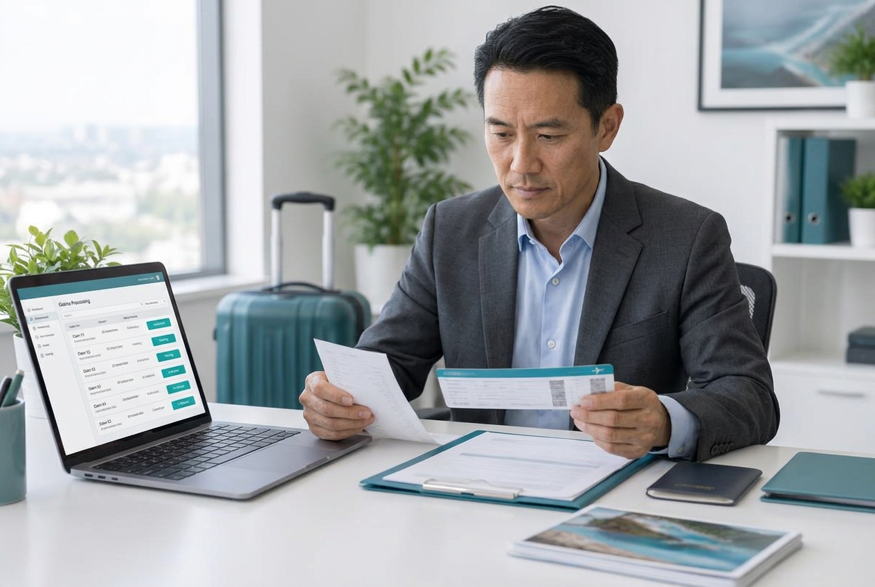 Travel insurance claims officer reviewing a boarding pass and receipts beside a claims dashboard